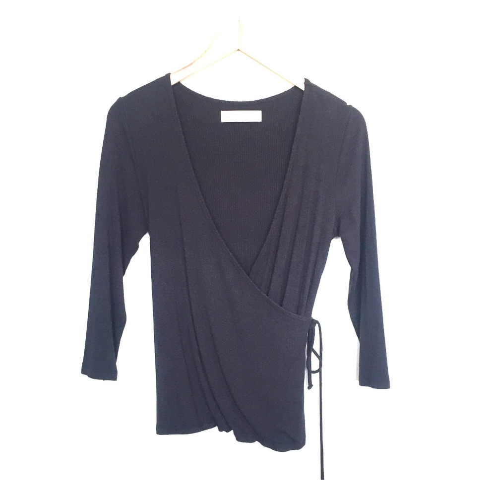 Abercrombie Faux Wrap Knit Top Deep V Neck Black